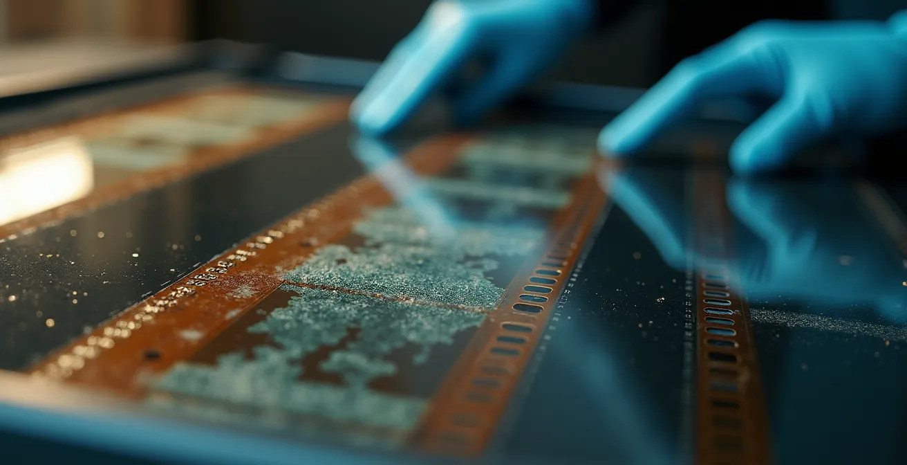 Vista macro di una pellicola fotografica d'epoca durante il processo di scansione digitale professionale
