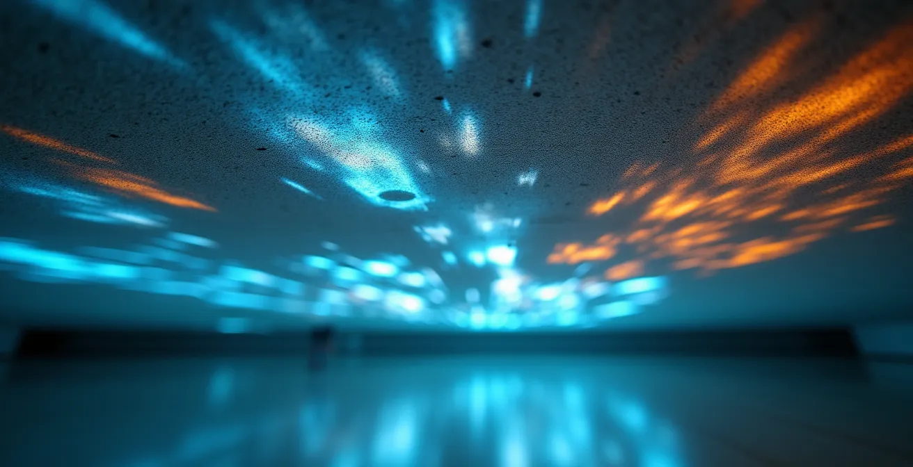 Dettaglio ravvicinato di una proiezione luminosa sul soffitto di una galleria d'arte con opera centrale illuminata