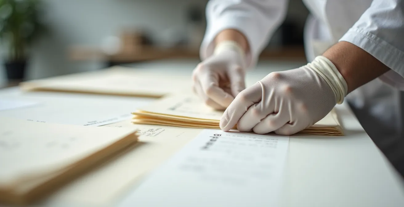 Dettaglio ravvicinato di mani con guanti bianchi che manipolano documenti di catalogo per una selezione curatoriale.