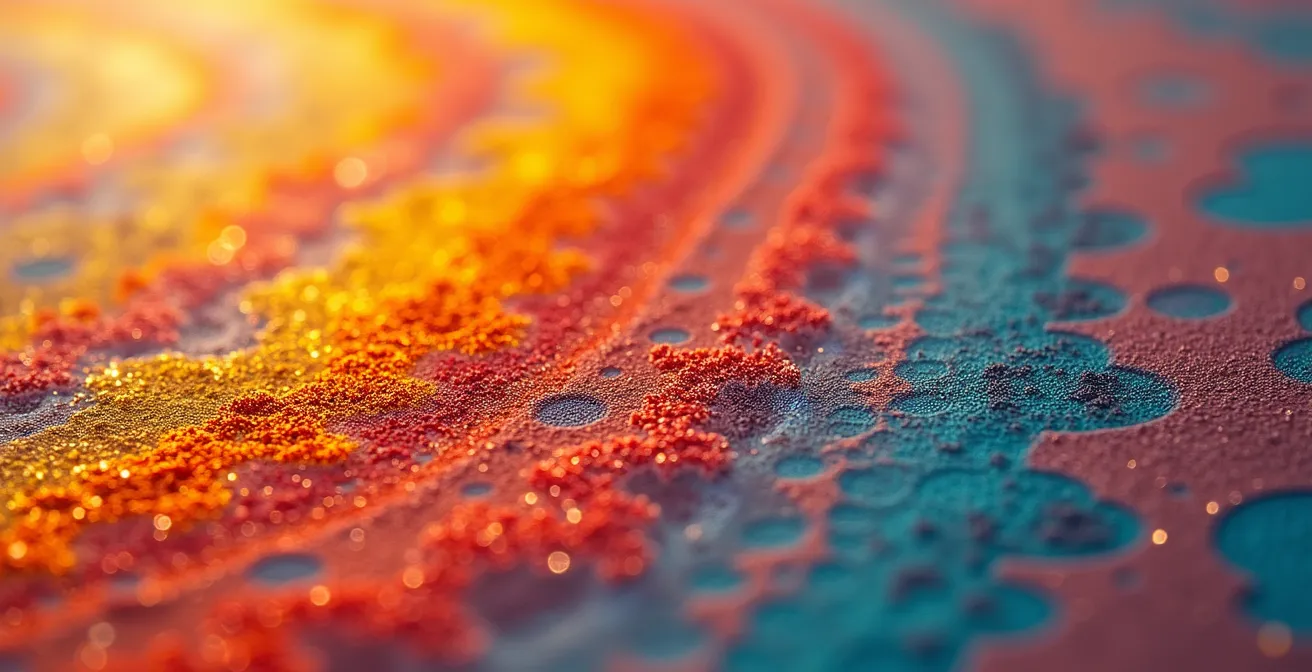 Vista macro di plastificanti che migrano dalla superficie di un'opera in PVC vintage