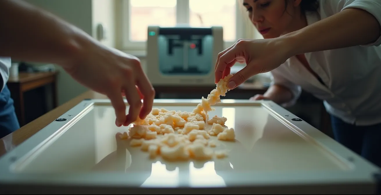 Laboratorio di restauro con scanner 3D che analizza frammenti di scultura plastica degradata