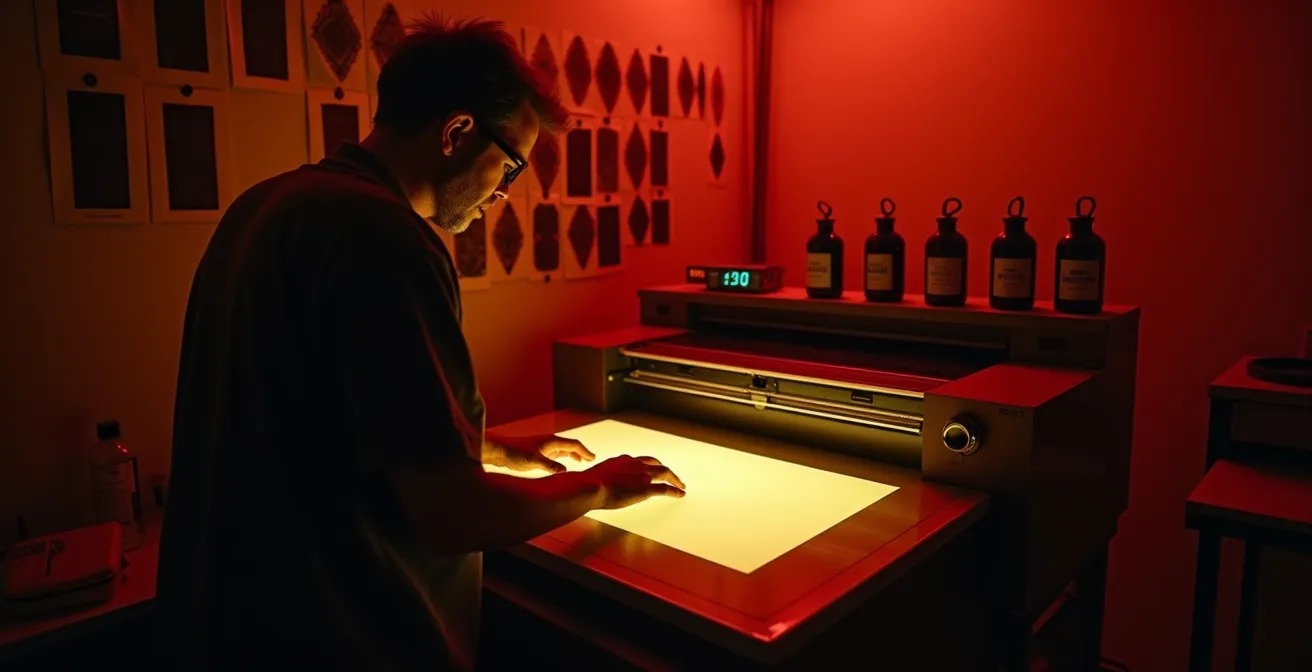 Maestro stampatore lavora su stampa ai sali d'argento in camera oscura con tecniche di mascheratura