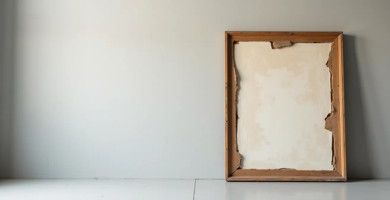 Vista laterale di una tela antica deformata che mostra il distacco dal telaio in legno