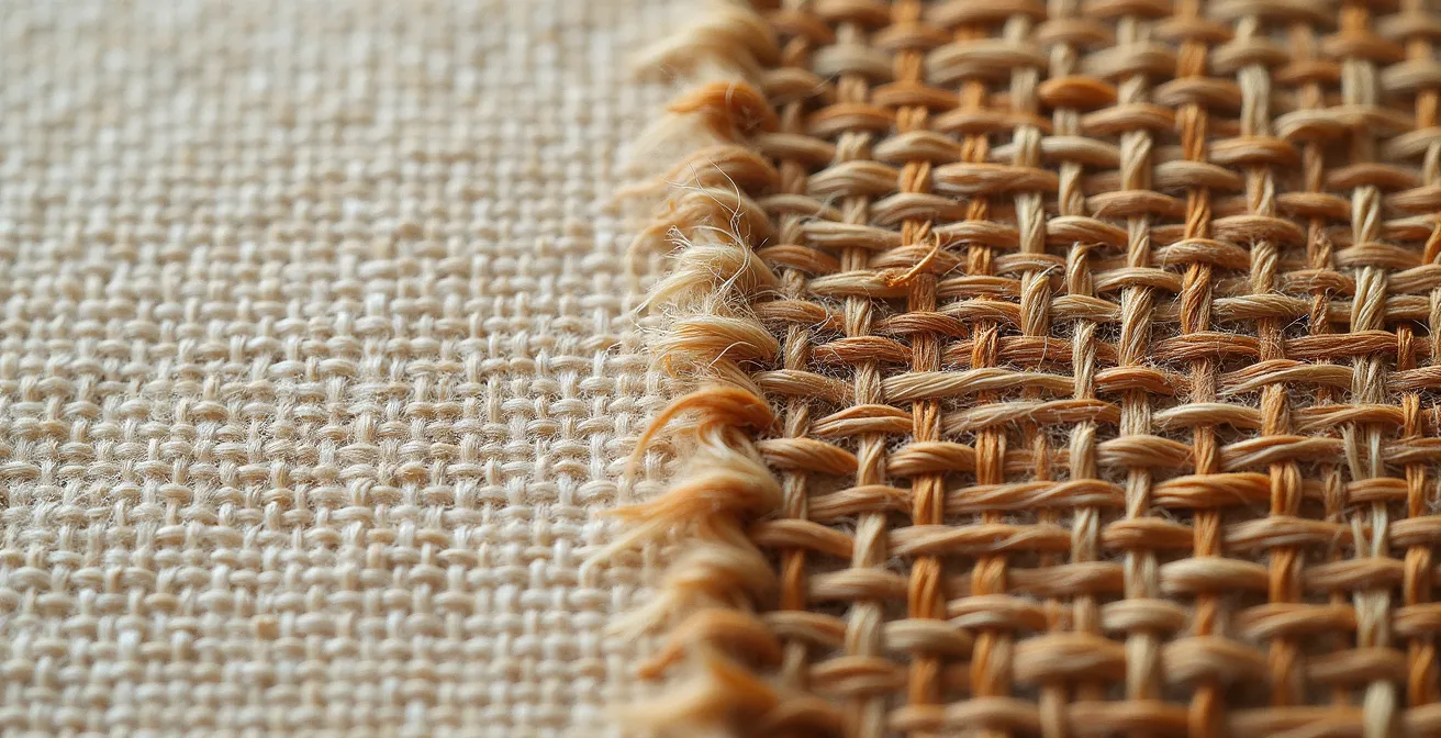 Dettaglio macro della trama di diverse tele storiche: lino fiammingo e canapa veneziana