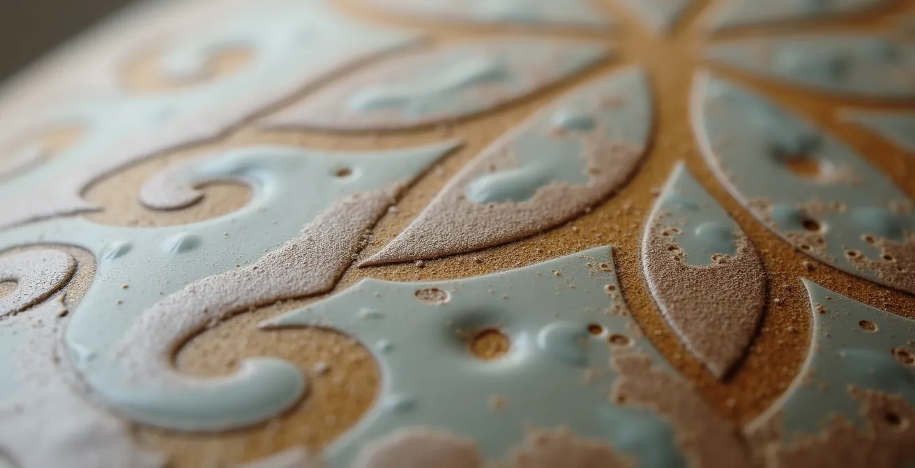 Dettaglio macro di superficie ceramica con imperfezioni controllate e texture tattile