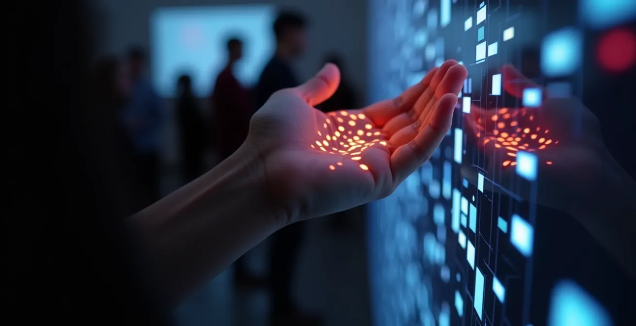 Visitatore che interagisce delicatamente con un'installazione artistica site-specific