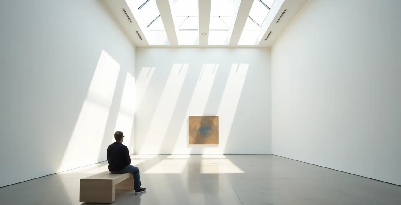 Ampia vista di una sala museale minimalista con visitatori immersi nella contemplazione silenziosa
